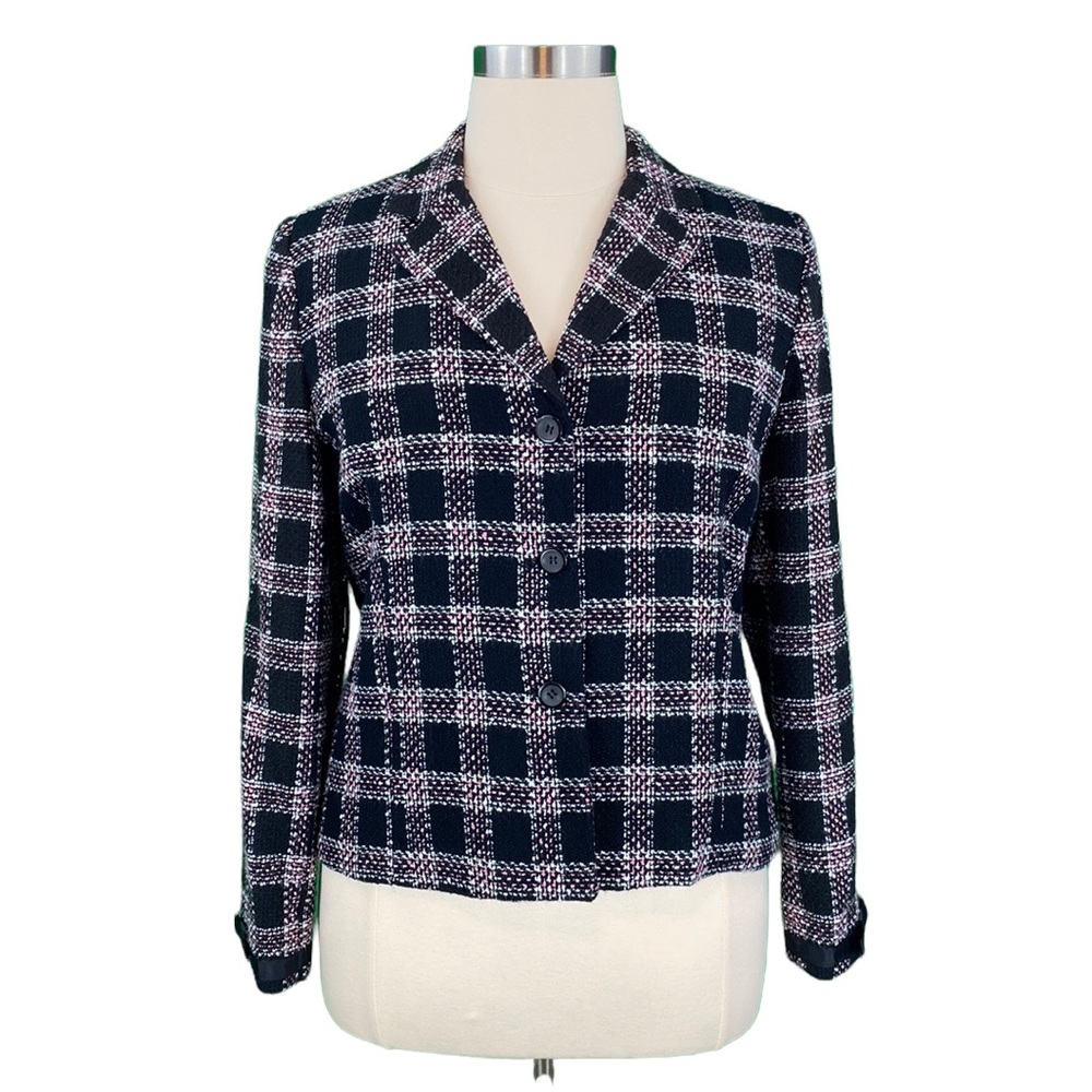 Requirements Petite Classic Black and Pink Plaid Tweed Jacket - Picture 1 of 14